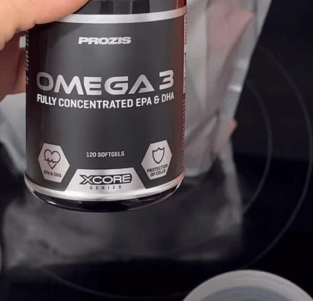 Omega-3 training supplement canister.
