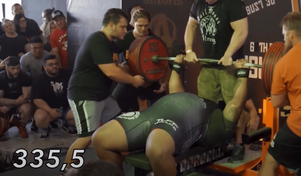 Bench press record broken, setting the world bench press record at 335 kilograms.