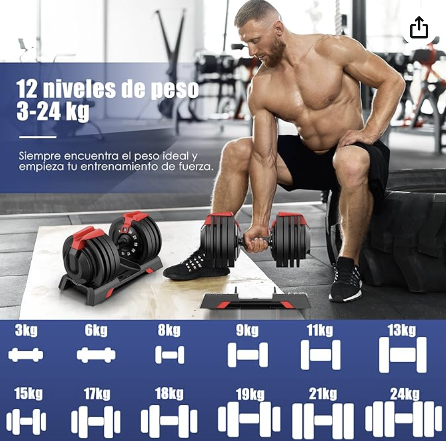 DH FitLife 24kg Mancuernas Ajustables 3 a 24 KG con 12 Niveles de Peso