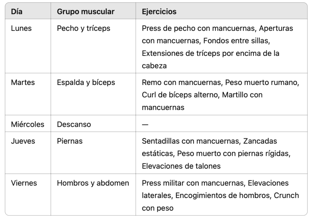 tabla entrenamiento con mancuernas en casa