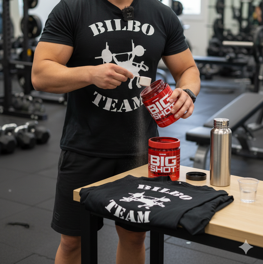 BilboTeam with the Big Shot pot - Pre-Workout Prozis