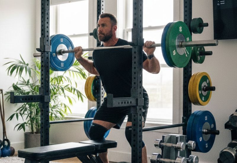 Hombre entrenando fuerza en un gimnasio en casa equipado con jaula de potencia, banco y mancuernas
